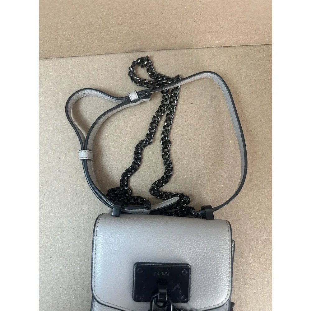 DKNY Mini Crossbody Phone Bag Light Grey Leather Black Hardware Lock Charms⁠